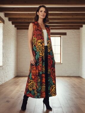 LuLaRoe Stunning Longline Floral Duster Vest in Rich Bold Floral Blend